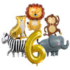 Jungle safari birthday decor set featuring lion, tiger, zebra, and elephant plush toys and a gold number six balloon