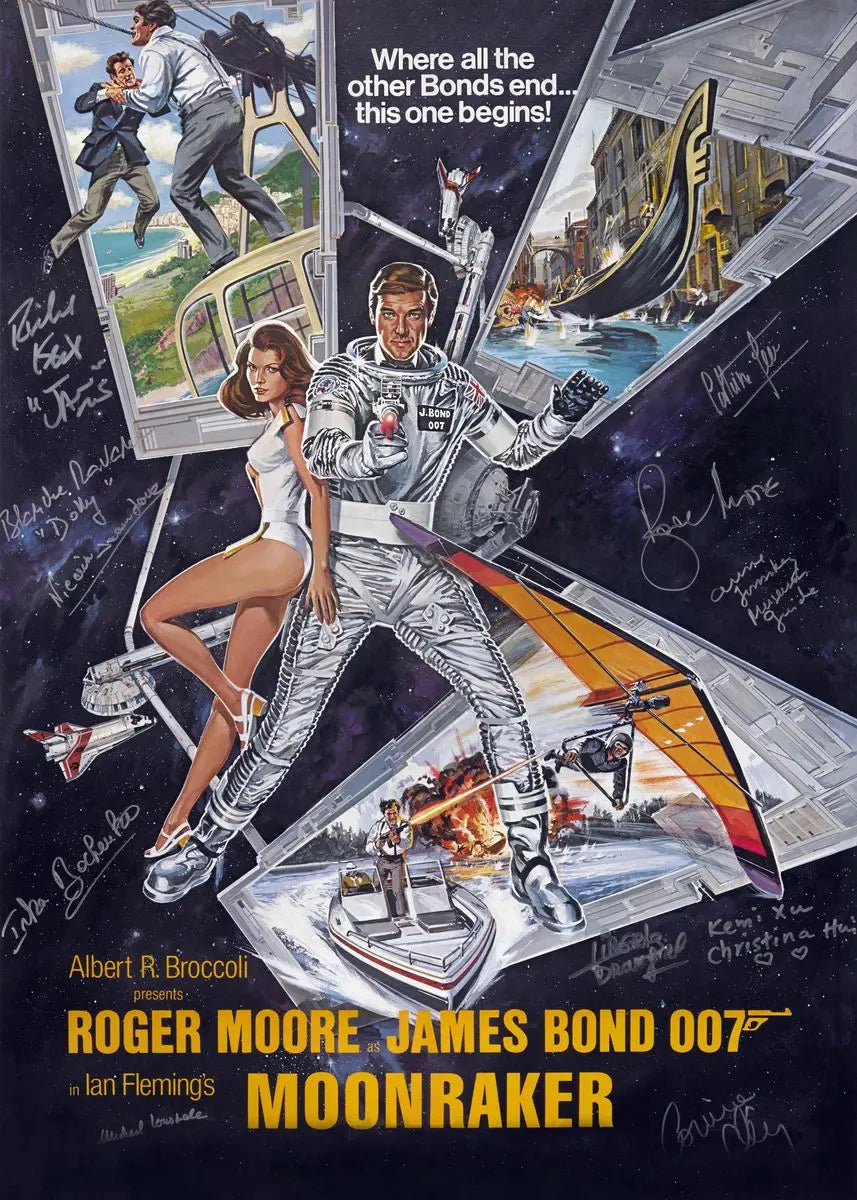 A vintage cinema art canvas poster featuring Roger Moore's Moonraker character in a dynamic pose.