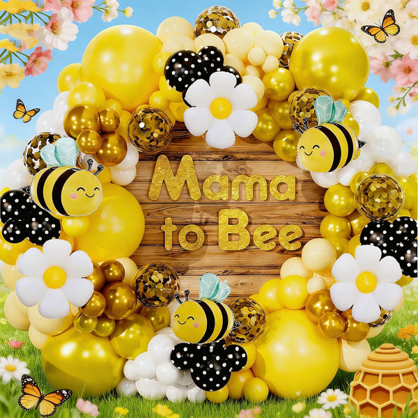Geliges und goldenes Ballon-Girlande mit Bienen und Blumen für eine Mama-to-Bee-Feier.