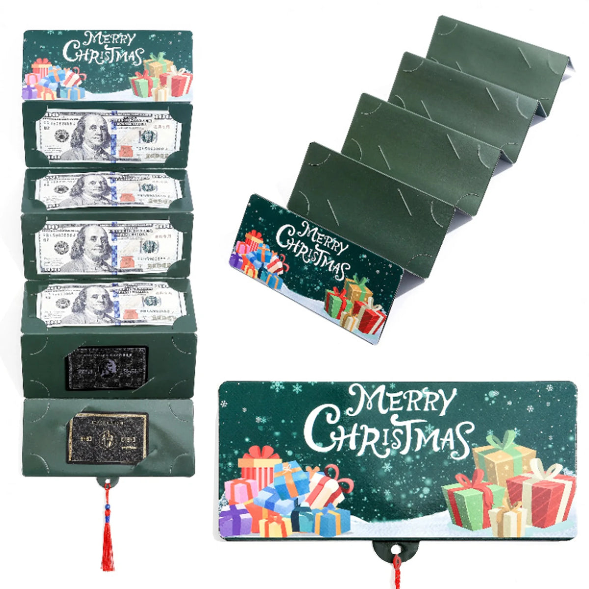 A festive cash gift box with ten slots for money, featuring a Christmas theme and Santa Claus design.