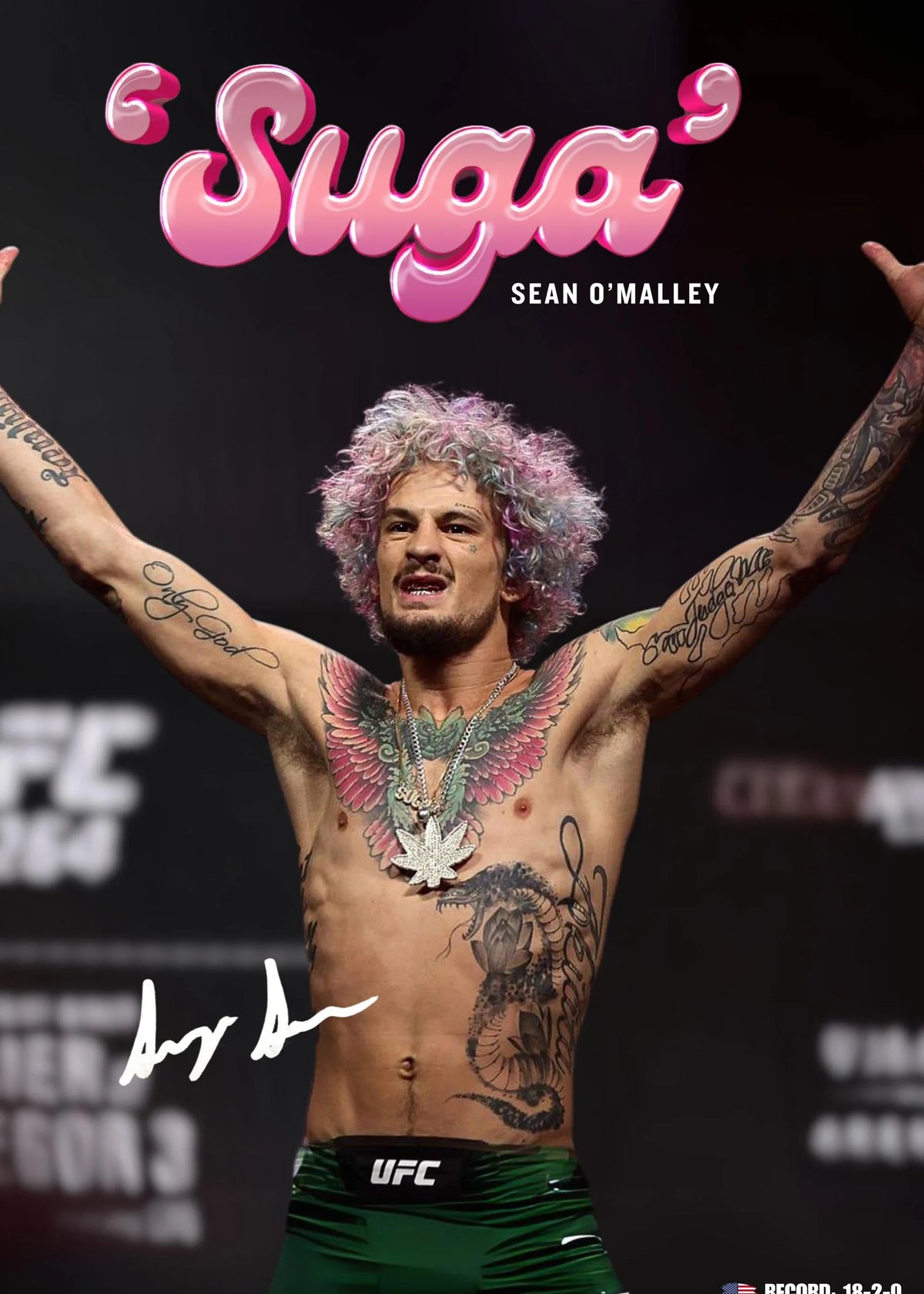 A muscular man with pink hair and tattoos stands with his arms outstretched in front of a dark background.