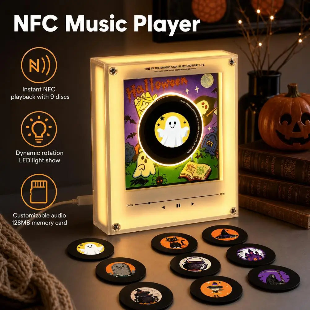 A glowing NFC music player device with 9 discs and a pile of vinyl records in the background.