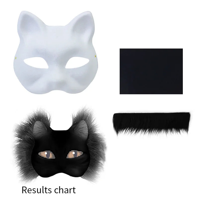 A set of DIY white pulp mask kit components including a white mask, black paint, and black faux fur features.