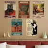 A collection of vintage metal signs featuring funny quotes about cats and reading.