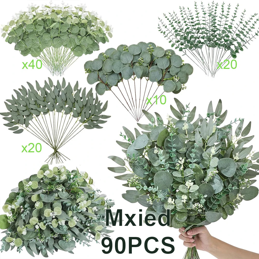 A collection of 90 artificial bouquets featuring mixed eucalyptus and willow greenery.