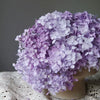 A large bouquet of purple dried hydrangea flowers arranged in a neutral vase on a textured fabric.