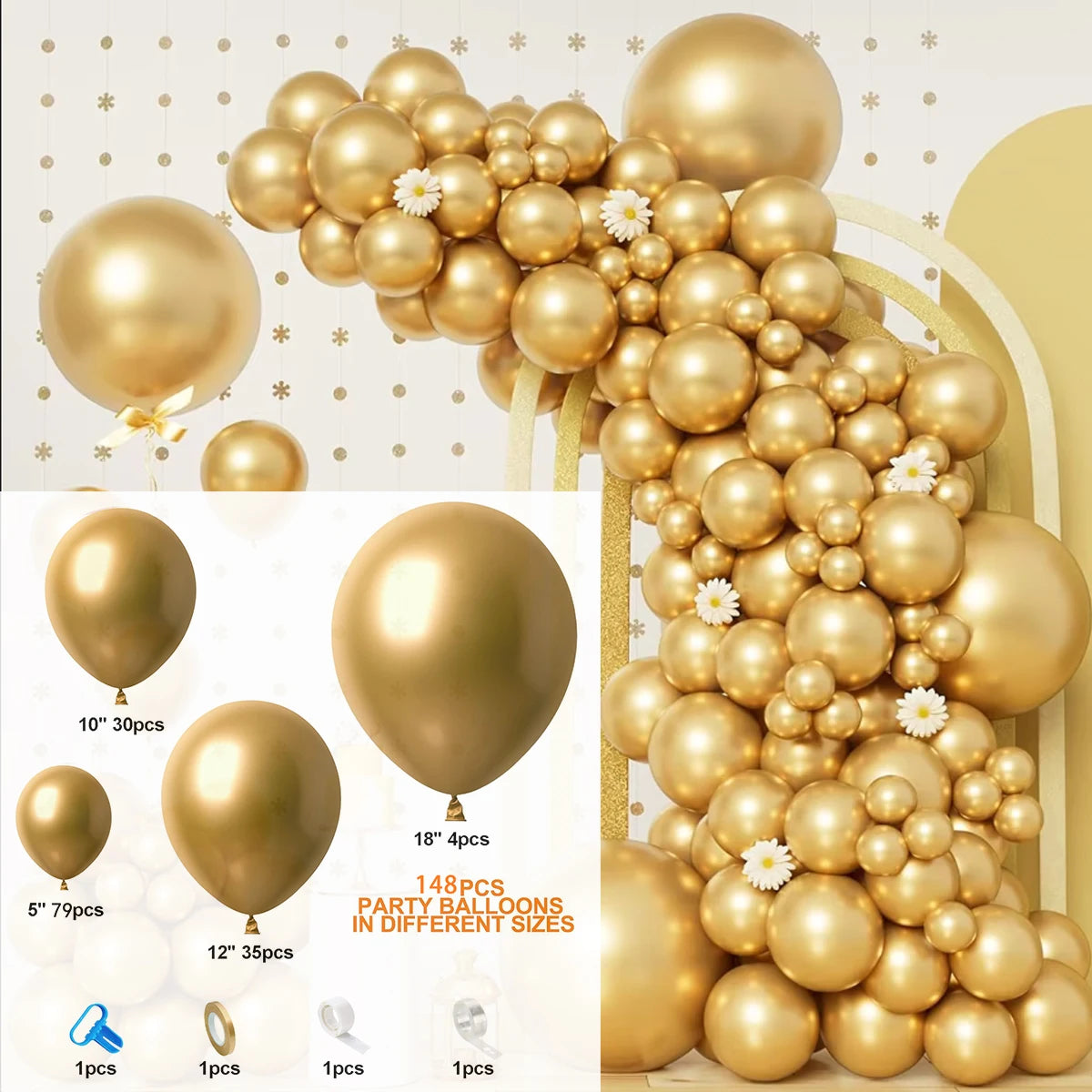 Eine große Anordnung goldener und champagnerfarbener Ballons in einer vertikalen Girlande