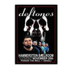 A black and white poster featuring a skull design for the Deftones band concert art.