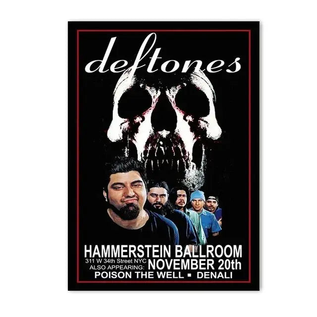 A black and white poster featuring a skull design for the Deftones band concert art.