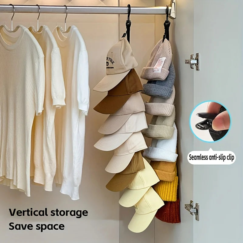 Vertical storage organizer featuring multiple clip-on hats hanging on a rod in a closet.