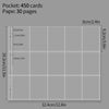A layout diagram showing a grid for organizing 450 cards on 30 pages, with dimensions provided in centimeters and inches.