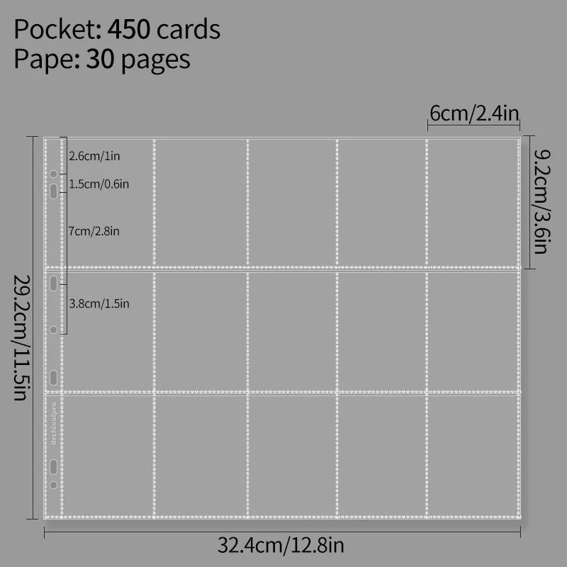 A layout diagram showing a grid for organizing 450 cards on 30 pages, with dimensions provided in centimeters and inches.