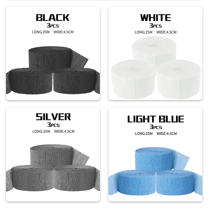 Ein Set aus drei Rollen Crêpepapier-Streamern in Schwarz, Weiß, Silber und Hellblau.