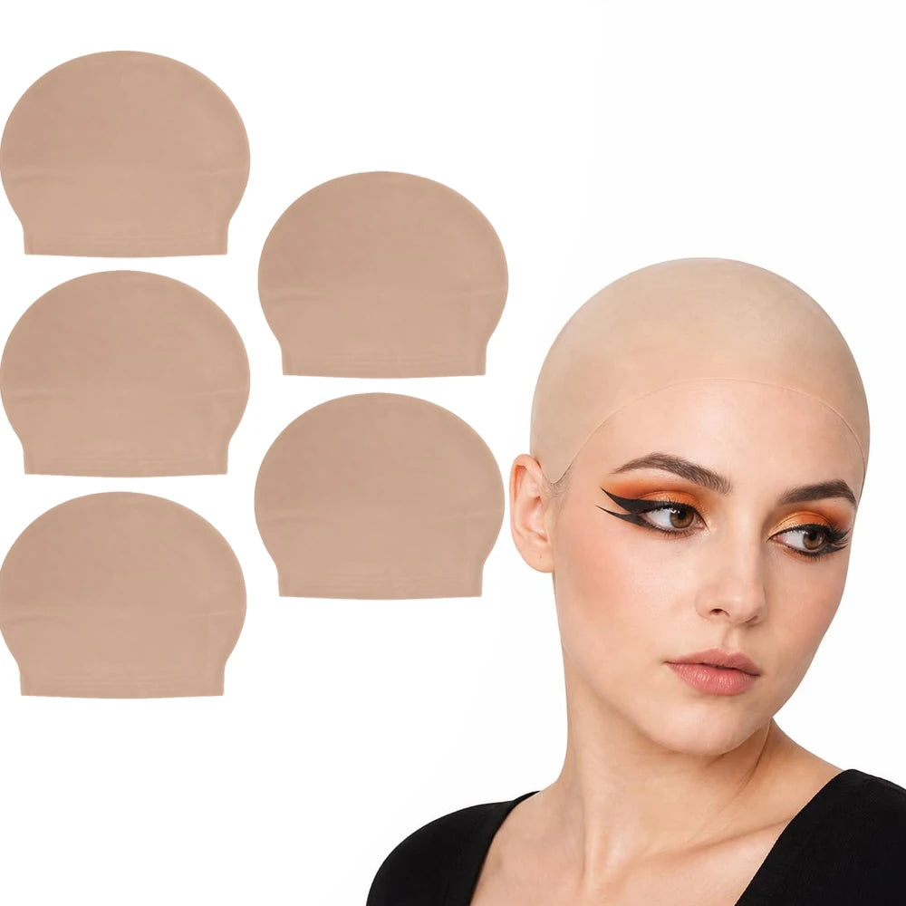 A model is shown with several realistic latex bald caps of varying sizes laid out next to her head.