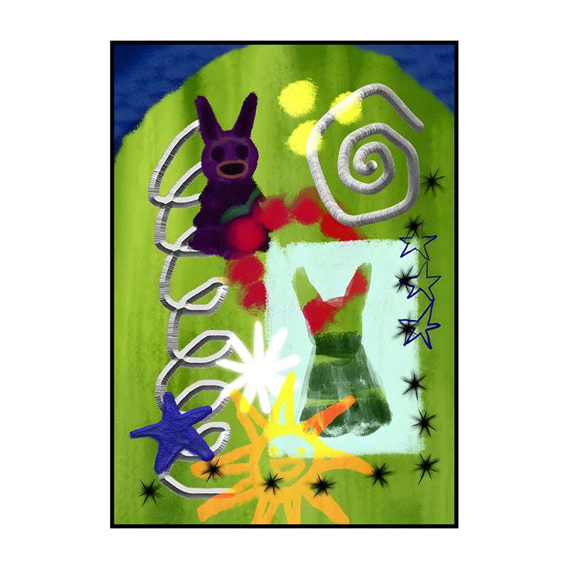 A vibrant painting featuring a purple silhouette of a horse, swirling lines, and yellow sunburst elements on a green backgrou