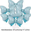 A pack of light blue and pink polka dot bow balloons for party decorations.