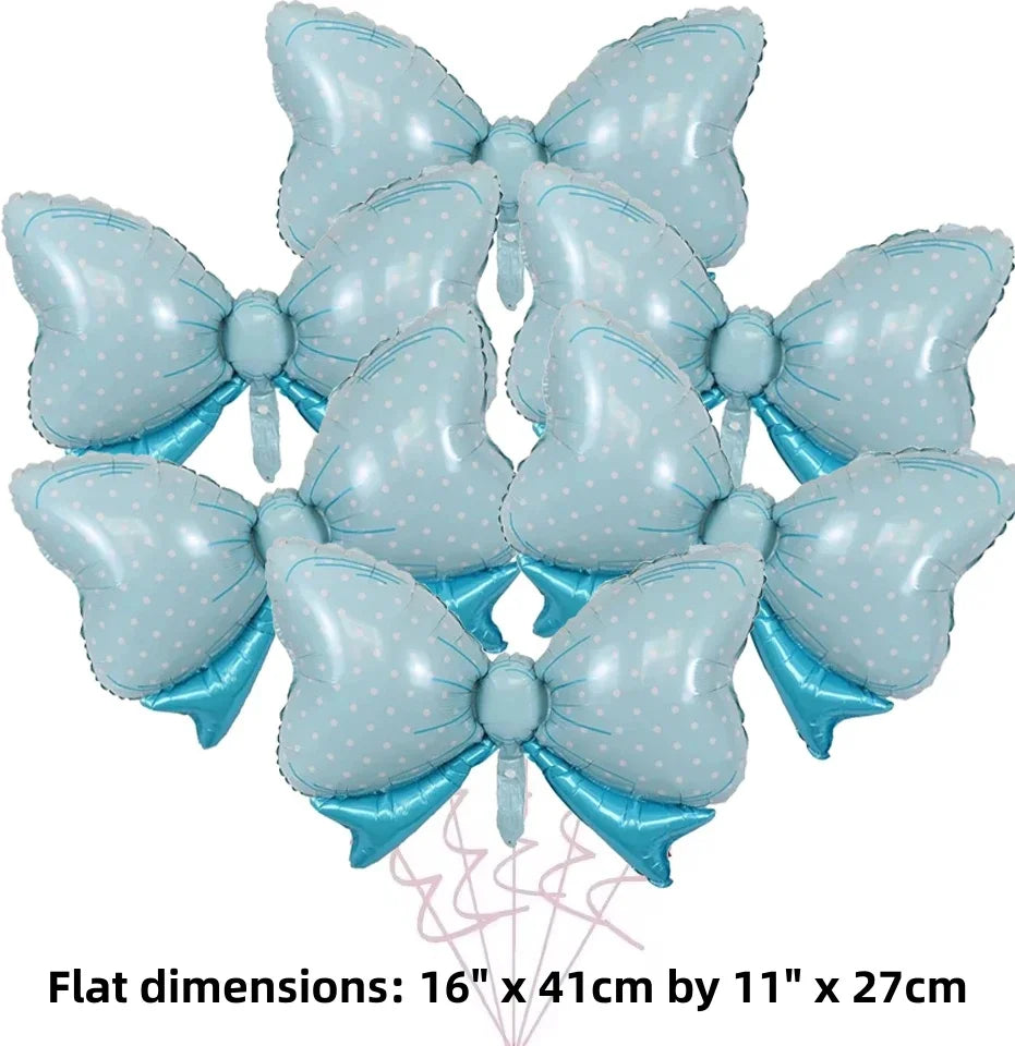 A pack of light blue and pink polka dot bow balloons for party decorations.