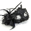 Black lace masquerade mask decorated with rhinestones and a black feather accent