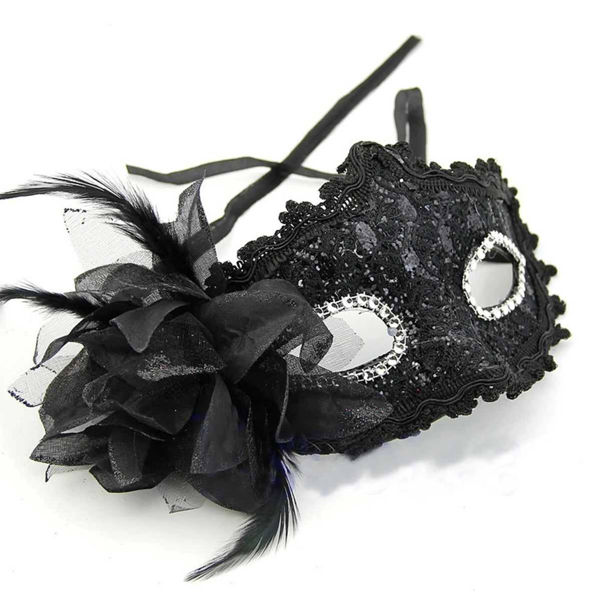 Black lace masquerade mask decorated with rhinestones and a black feather accent