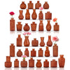 A collection of vintage bud glass vases in various sizes and earthy brown tones arranged vertically.