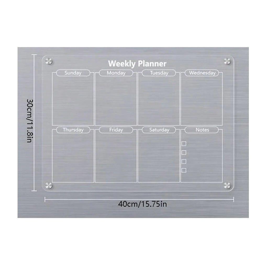 A grey magnetic acrylic weekly planner board with labeled days and sections for notes.