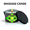 A black jar candle with a lit wick and a black lid, labeled Massage Candle Lime Basil & Citrus.