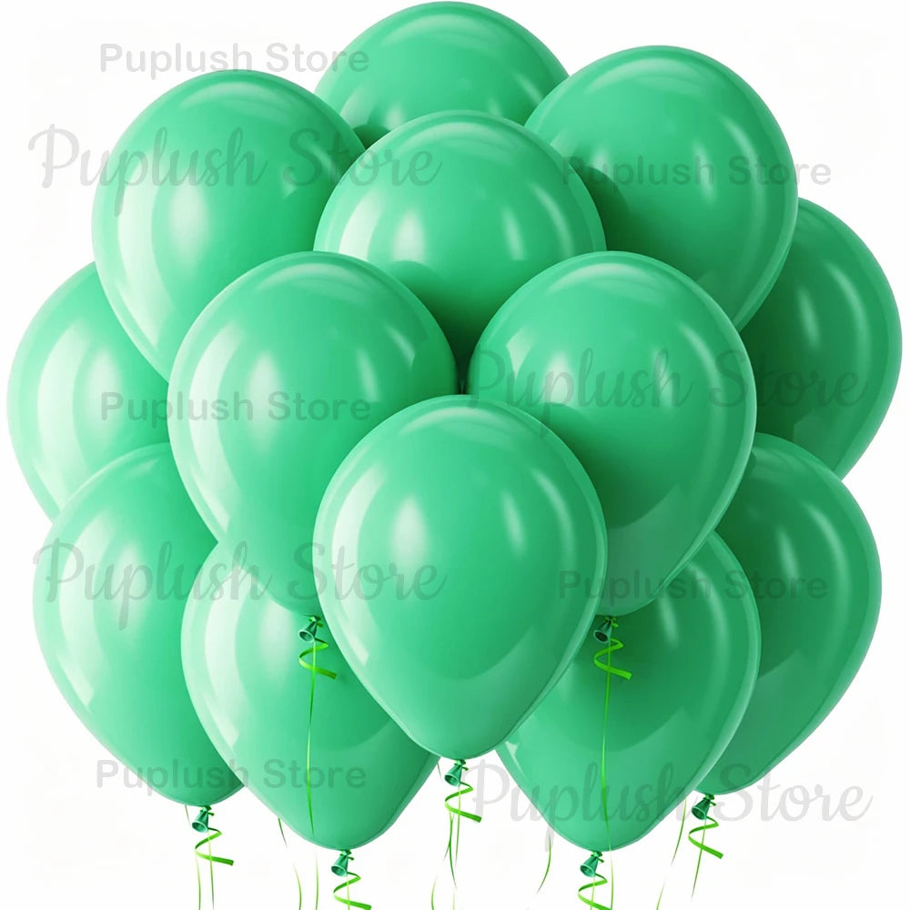 A cluster of sage green latex balloons floating against a white background.