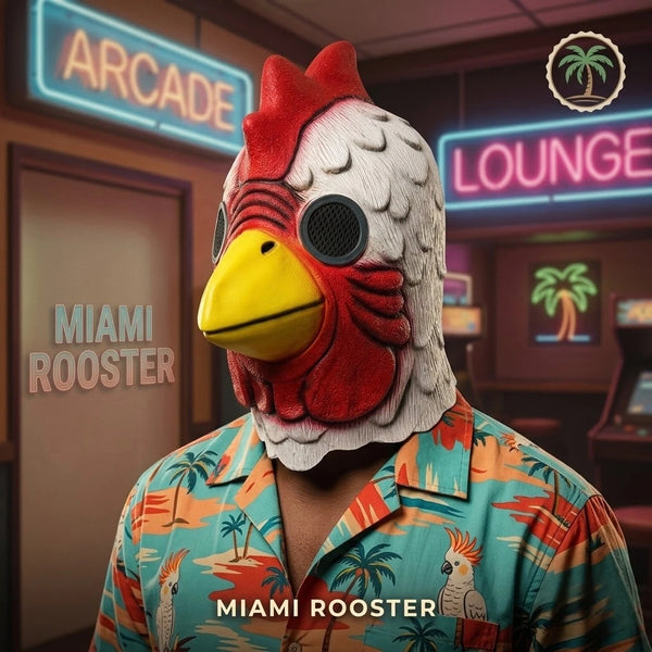 A person wearing a realistic latex rooster head mask with red and white feathers, in front of a neon sign.