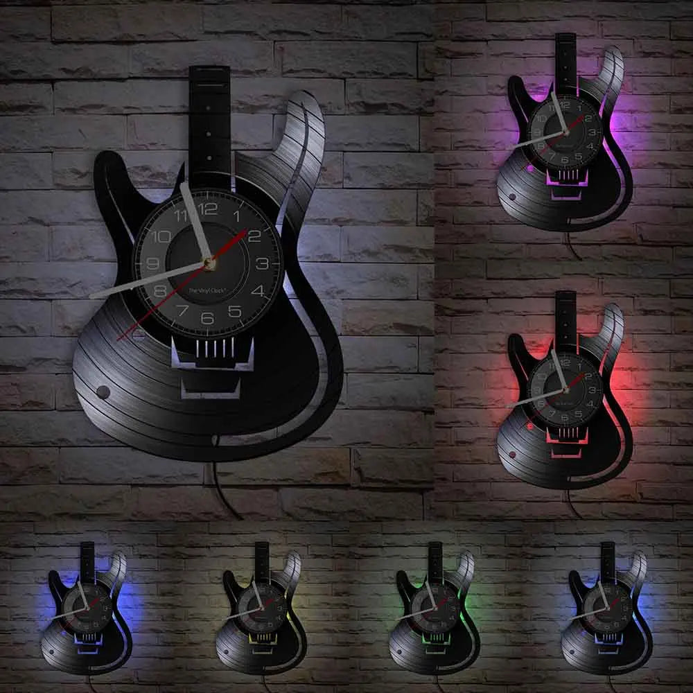 A vintage vinyl record guitar wall clock displayed in various lighting and angles against a brick background.