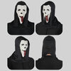 A pair of black fabric hoods featuring a white, grinning horror mask with a protruding red tongue.