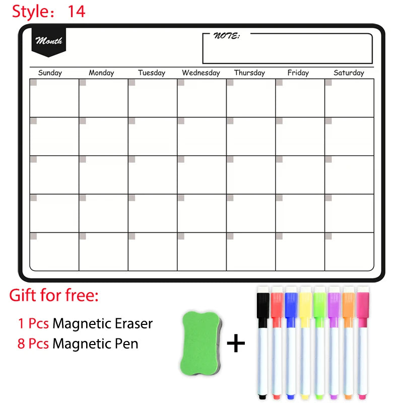 A planner template showing a monthly calendar grid and magnetic accessories including an eraser and pens.