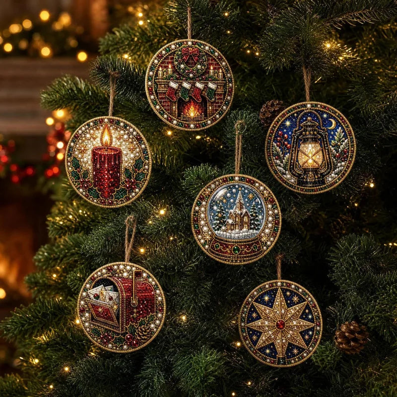 Christmas diamond painting ornaments featuring Santa, snowman, and reindeer pendants hanging on a green fir tree.