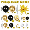 Package includes 134 pieces of black and gold confetti balloons, including balloons and various accessories.