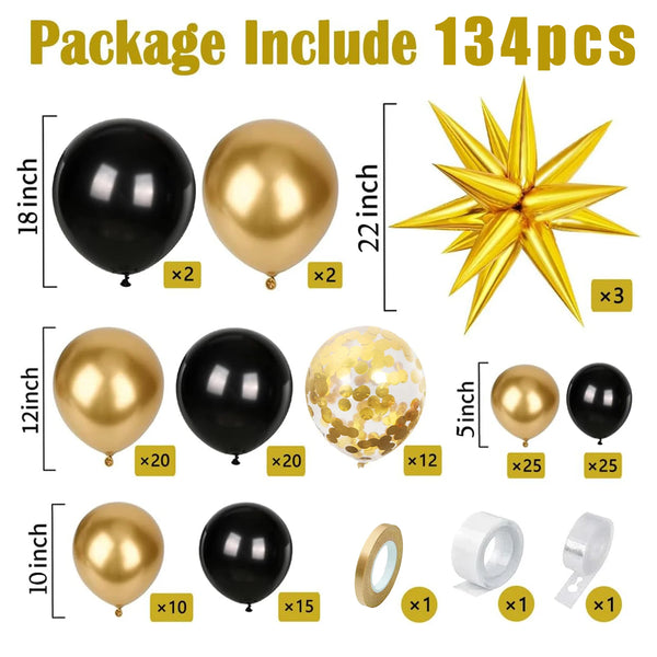 Package includes 134 pieces of black and gold confetti balloons, including balloons and various accessories.