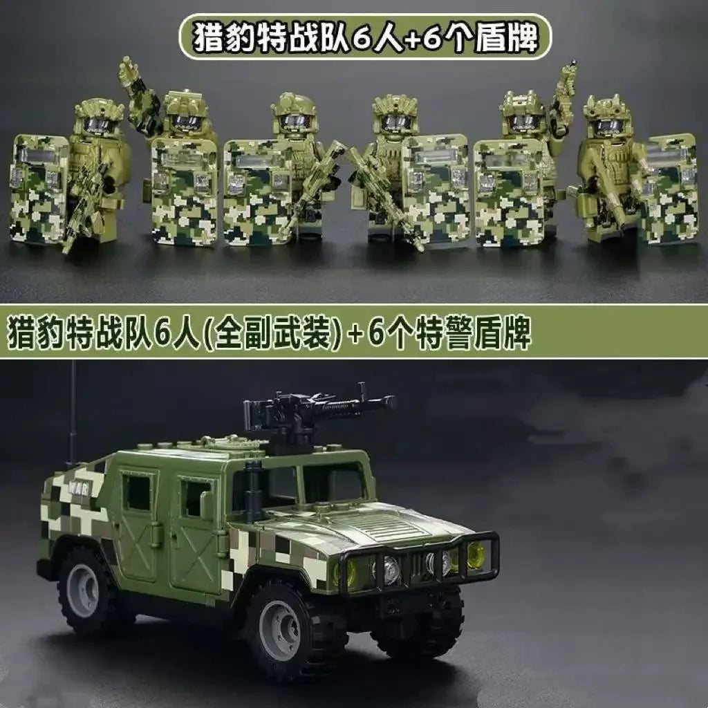 A set of military off-road jeep building blocks featuring six soldiers and six accessories.