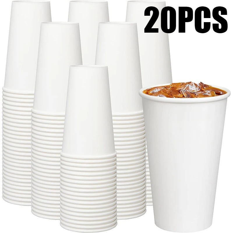 A stack of 20 white disposable paper coffee cups shown next to a single cup filled with an amber-colored drink.