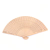 Hand carved bamboo folding fan in a light beige color shown from below