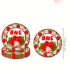 A set of ten pink and red strawberry-themed disposable plates for a birthday party.
