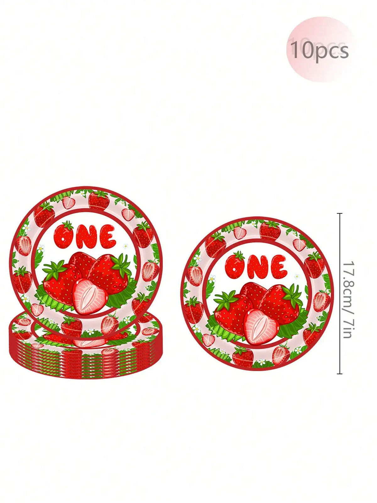 A set of ten pink and red strawberry-themed disposable plates for a birthday party.