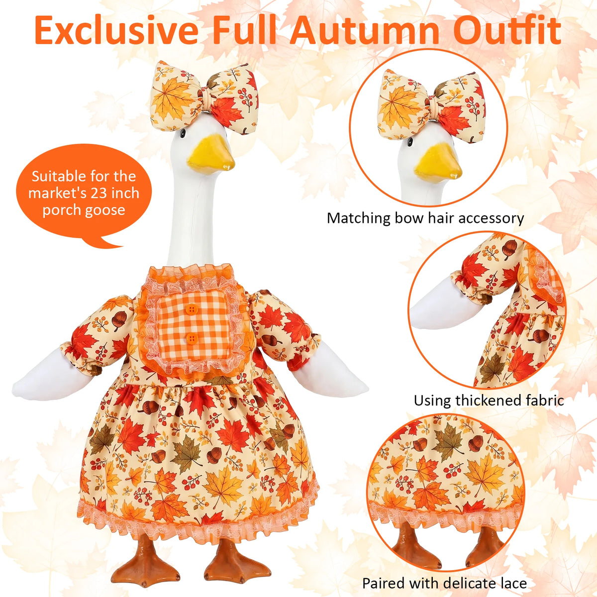 A full autumn outfit for a porch goose featuring a floral dress, matching bow hair accessory, and delicate lace.