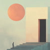 A minimalist building with a large orange sun above, viewed from a perspective looking up at stairs.