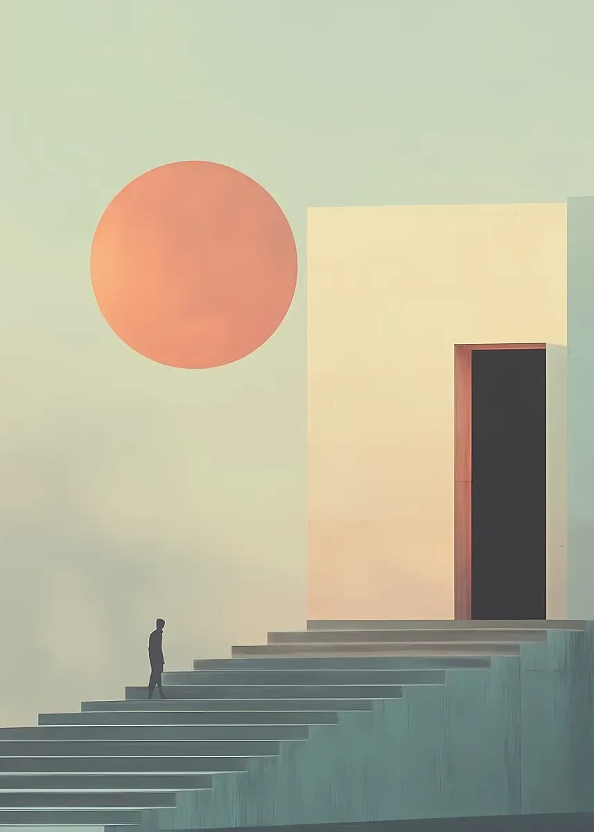 A minimalist building with a large orange sun above, viewed from a perspective looking up at stairs.
