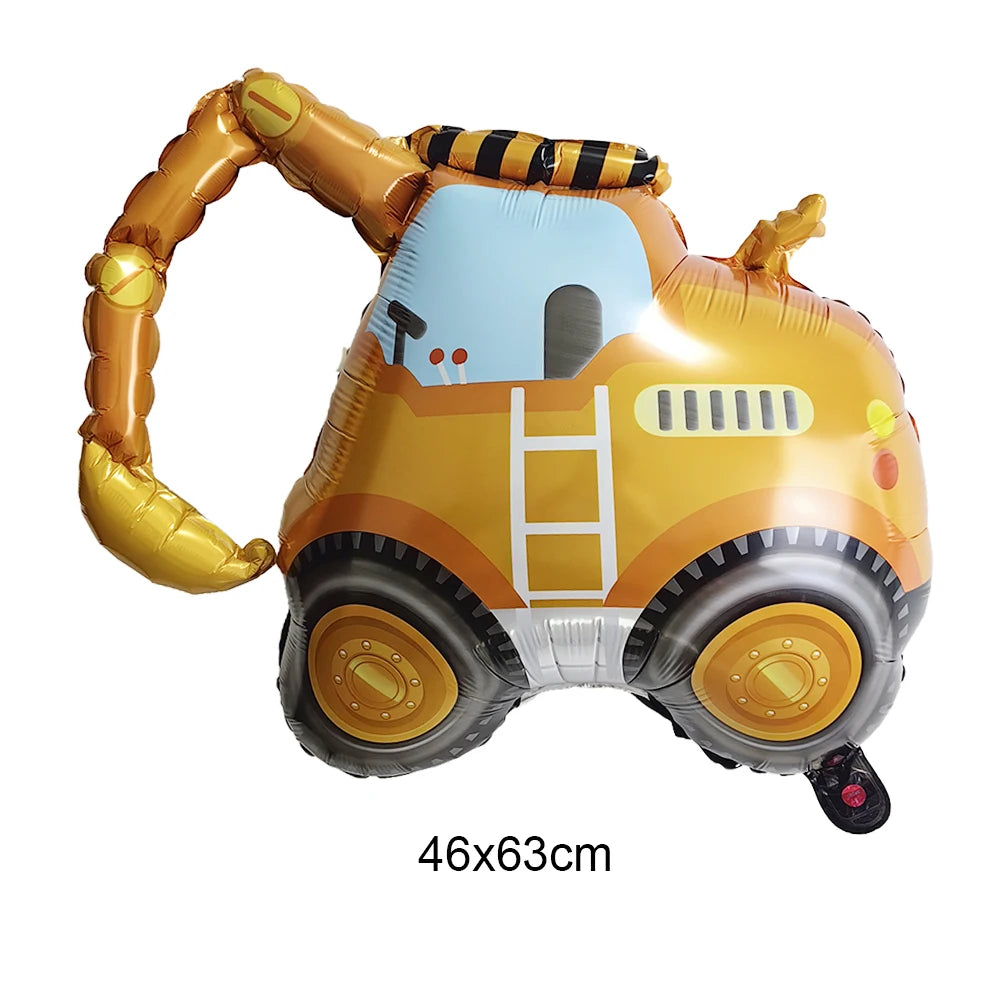 A golden construction truck foil balloon with black stripes and a white ladder detail.