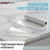 Roll of transparent PVC furniture protective film demonstrating high temperature resistance and scratch-proof properties.