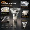 A close-up view of a GU10 LED spotlight bulb and its components, including the glass reflector and base.