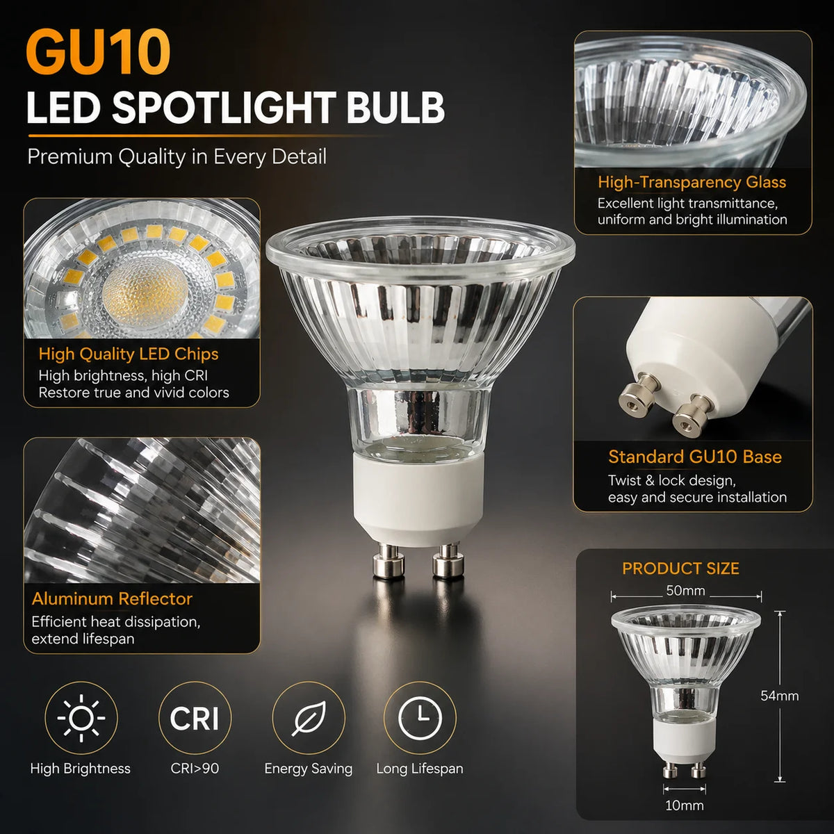 A close-up view of a GU10 LED spotlight bulb and its components, including the glass reflector and base.