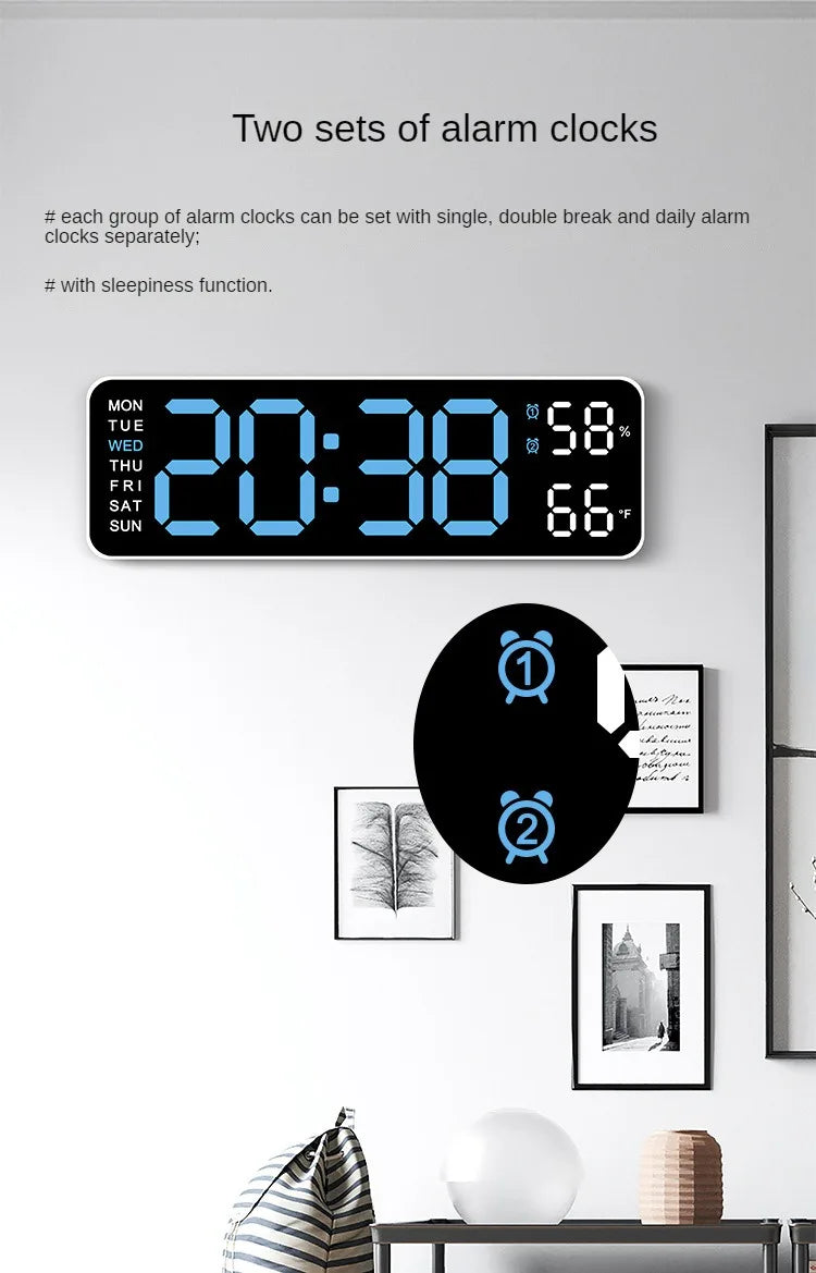 A digital alarm clock display showing the time 20:38, date, and temperature 66 degrees on a white wall.