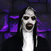 A realistic horror nun latex mask with pale skin, exaggerated features, and dark clothing against a purple background.