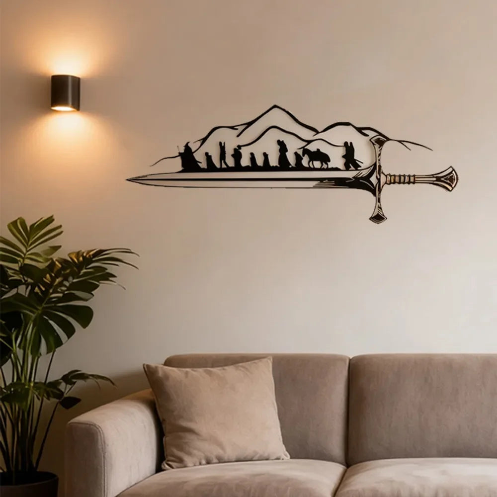 Metal wall art featuring a silhouette of characters and a sword on a dark background