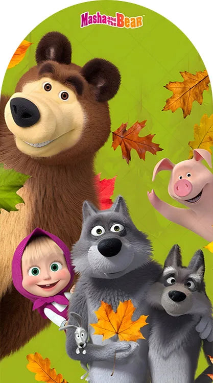 A collection of cute animal characters including a bear, pig, and dog, set against a bright green background.